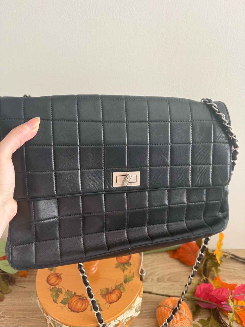 Vintage CHANEL chocolate bar Black Quilted Leather Crossbody Bag